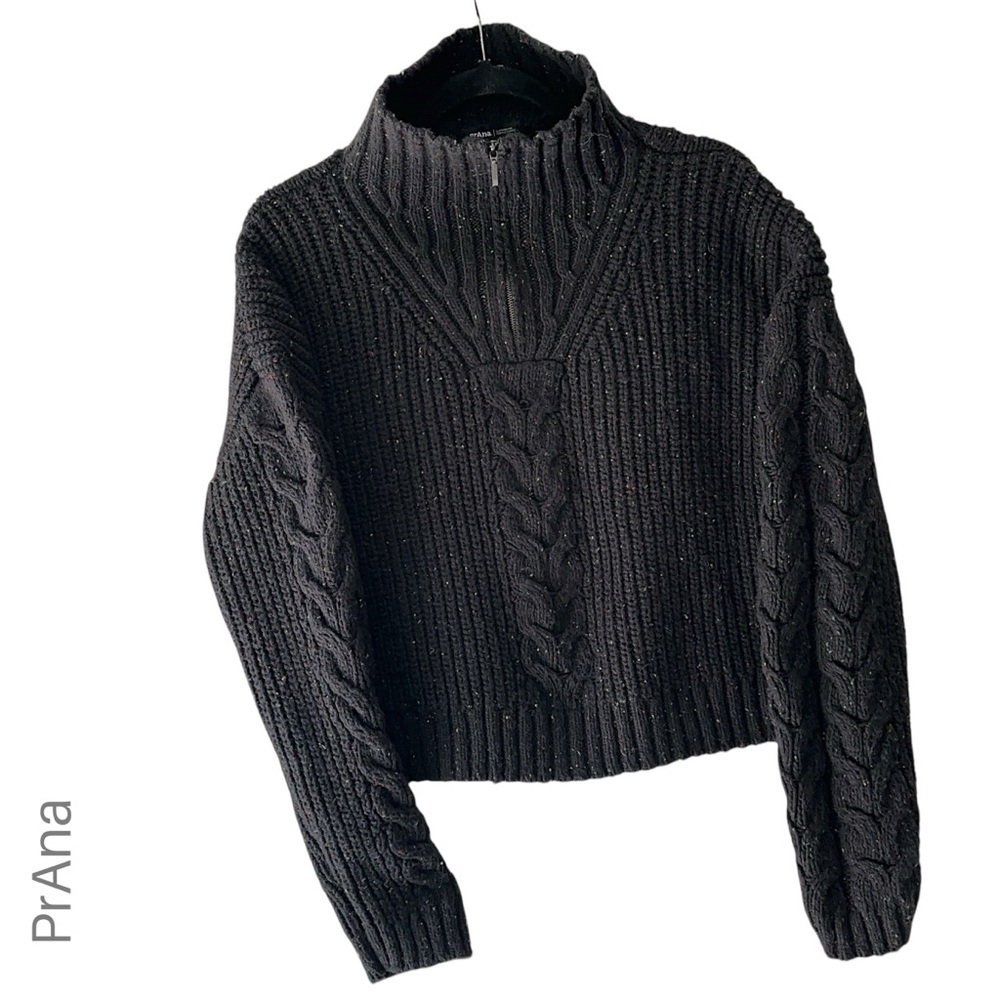 PRANA NWOT LAUREL CREEK BLACK CABLE KNIT WOOL BLEND SWEATER QUARTER ZIP | SMALL